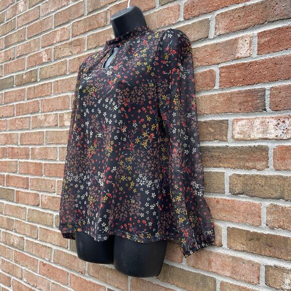 Dark Floral Fairy Grunge Whimsigoth Sheer Blouse Mock Neck Layering Tee medium - Picture 2 of 12